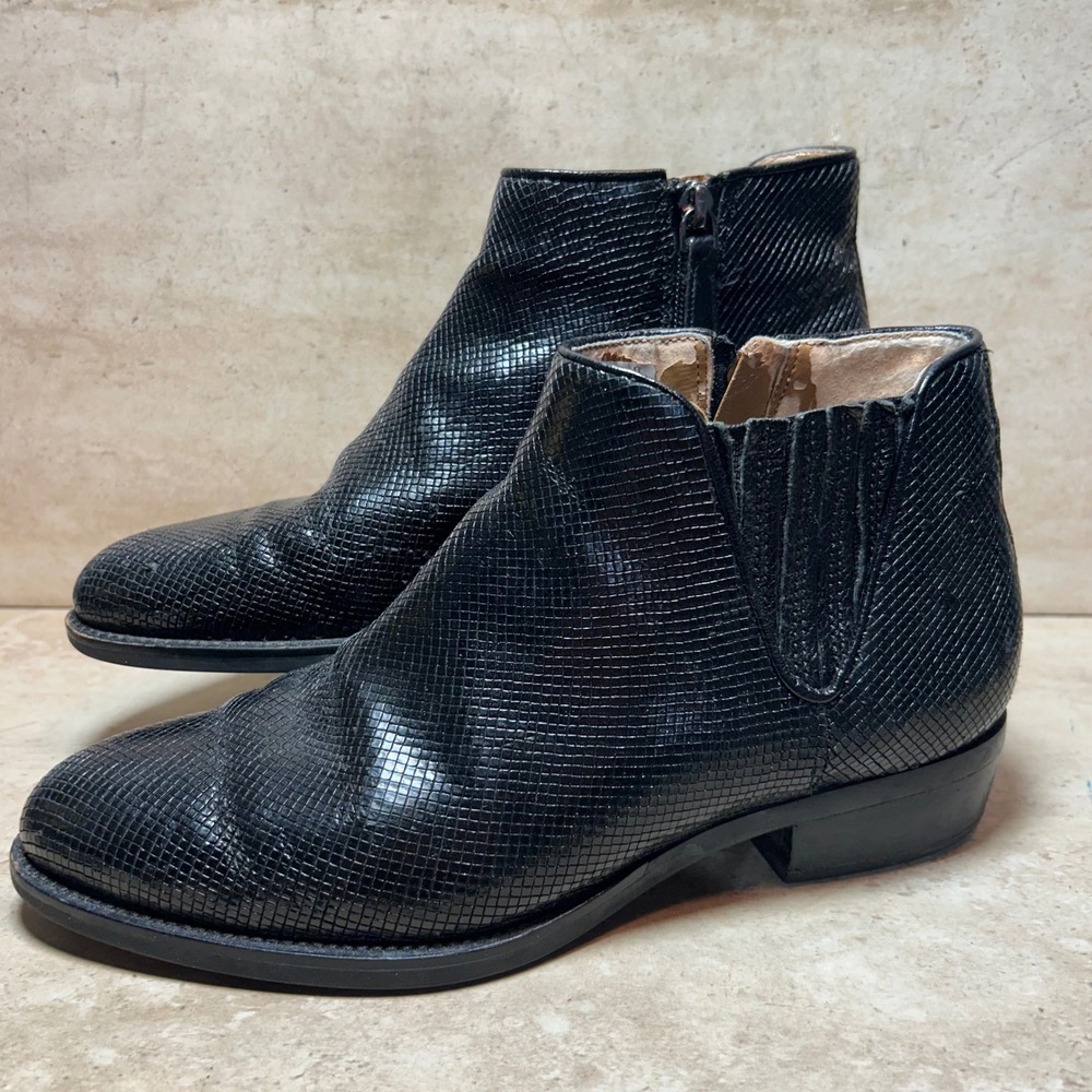 ECCO Black Snake Embossed Leather Ankle Boots Pointed Toe Side Zip Size 38